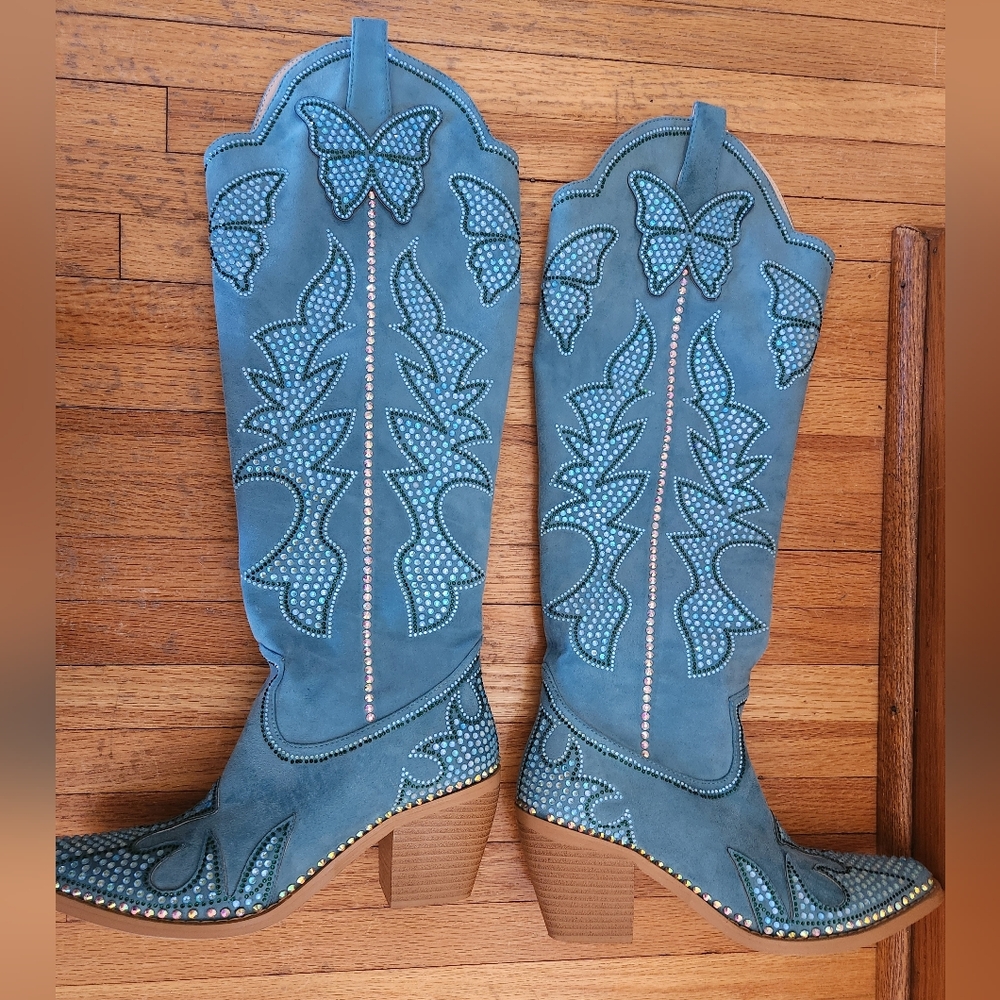 Wetkiss Madi Teal Rhinestone Cowgirl Boots Size 7.5